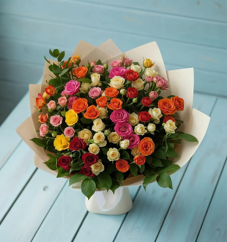 Букет Микс из разноцветных кустовых роз в Кокошкино